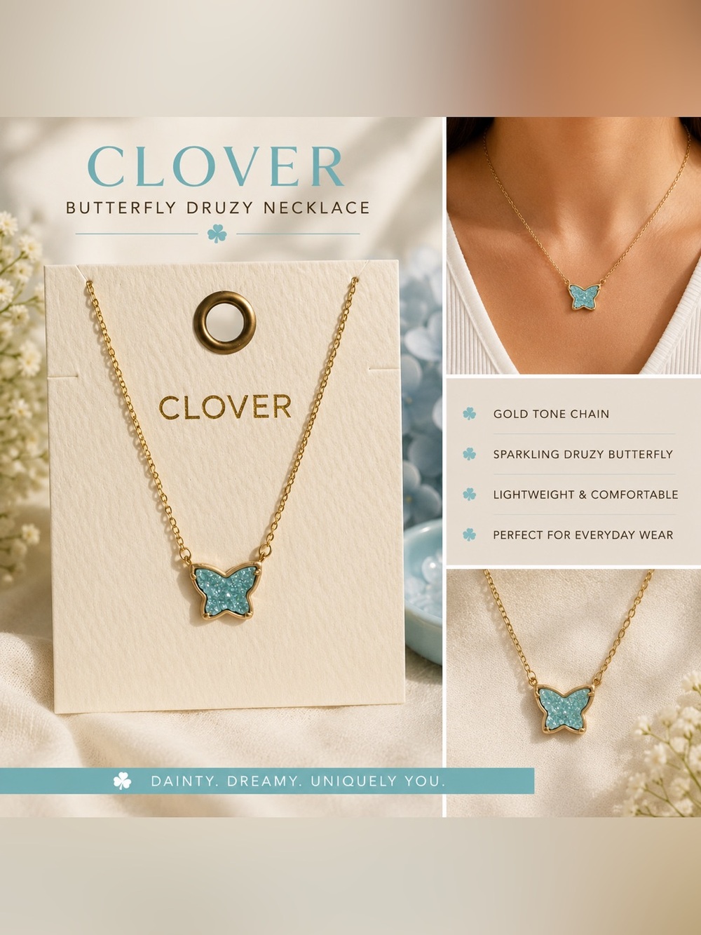 Clover Butterfly Druzy Necklace - Aqua Blue